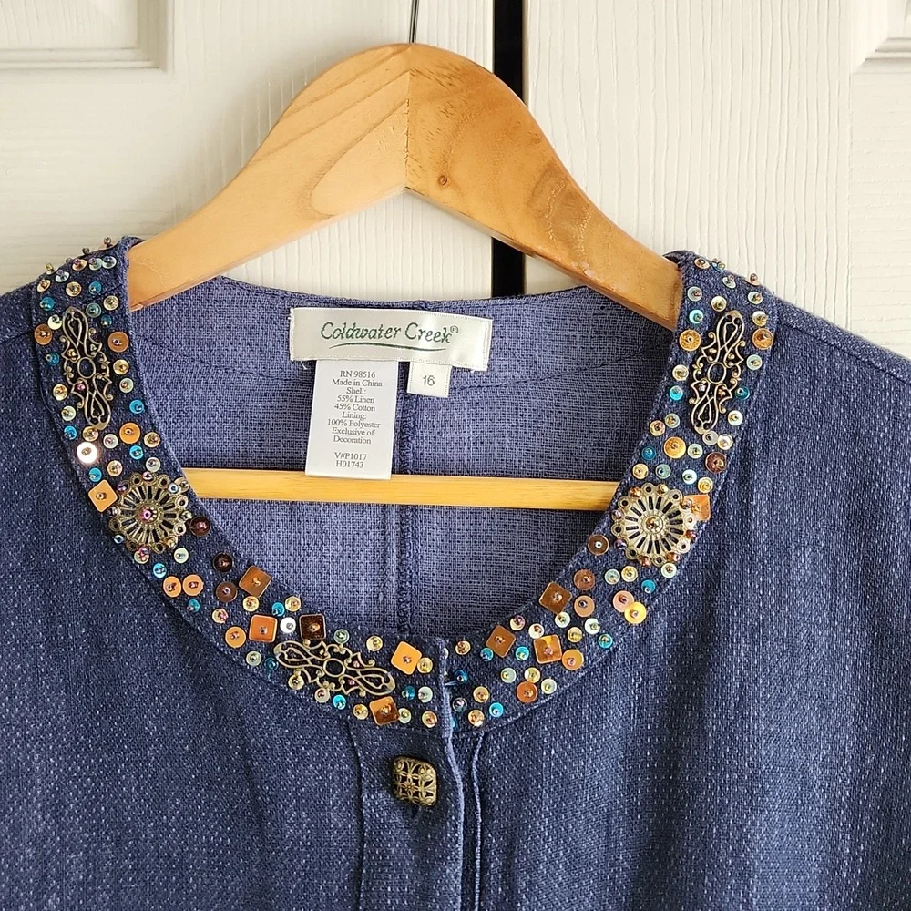 Coldwater Creek‎ Navy Blue Beaded Blazer Jacket Size LG Button Front Linen Blend - Picture 8 of 11